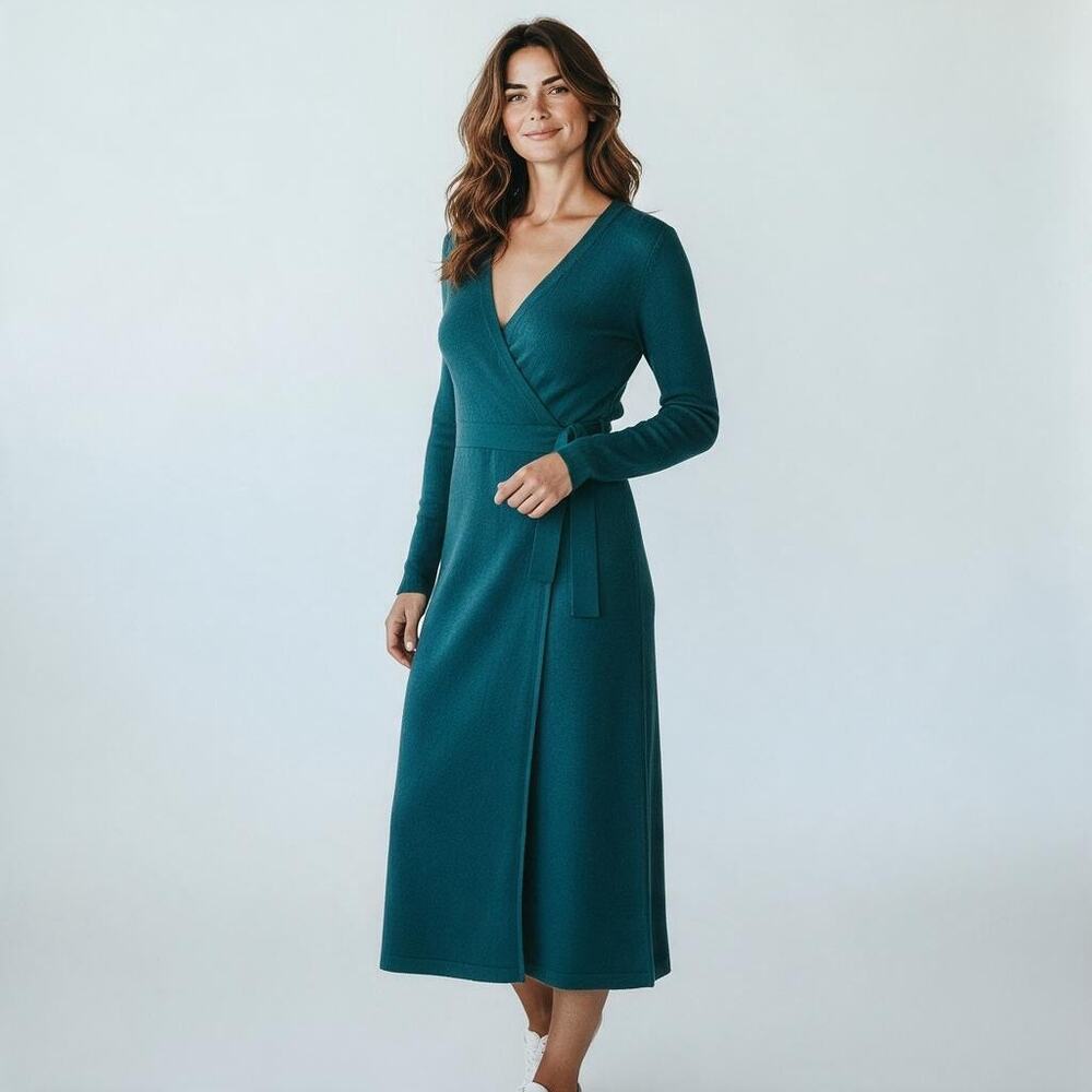 LOFT Women Teal Faux Wrap Long Sleeve Midi Sweater Dress Size M